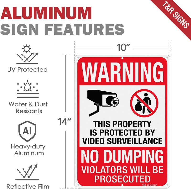 TR Large No Dumping Sign, Property Protected By Video Surveillance Sign, 14" x 10" Rust Free .040 Aluminum Reflective, Weather Resistant, Waterproof, Fade Resistant, 6 Pre-drilled Holes - 4 Pack - Image 2